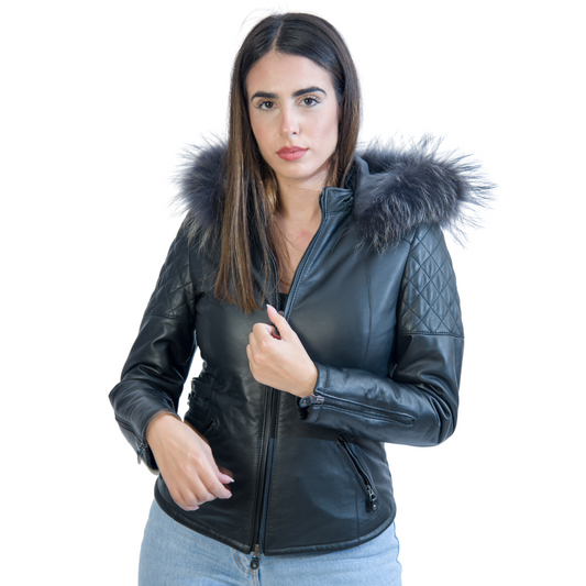 Piumino pelle con cappuccio Nero Donna