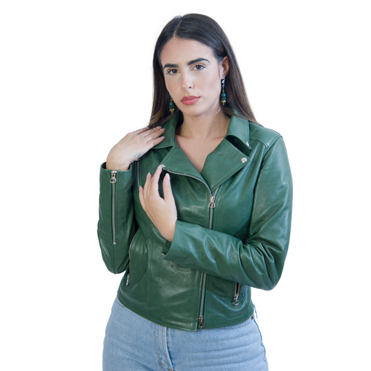 Chiodo in pelle Senza Cintura Verde Donna