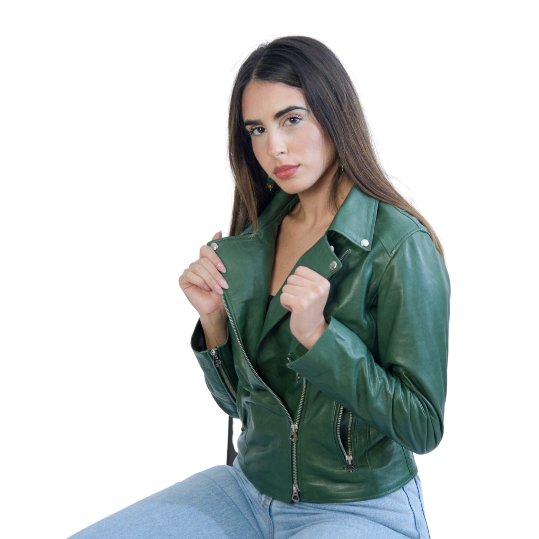 Chiodo in pelle Senza Cintura Verde Donna