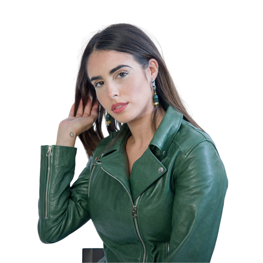 Chiodo in pelle Senza Cintura Verde Donna