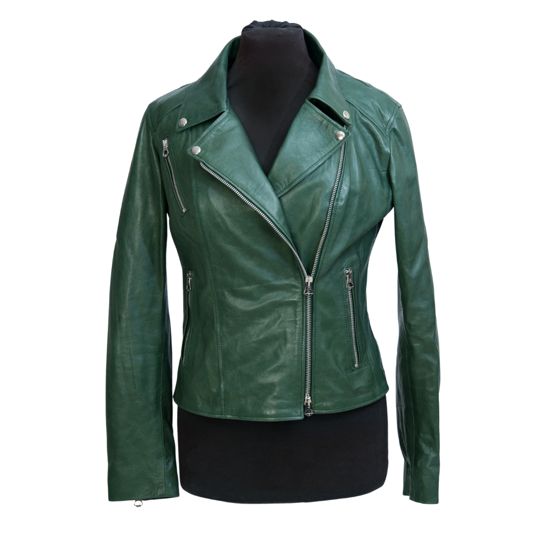 Chiodo in pelle Senza Cintura Verde Donna