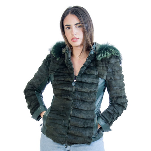 Giubbino in pelle con Lapin e cappuccio Verde Donna