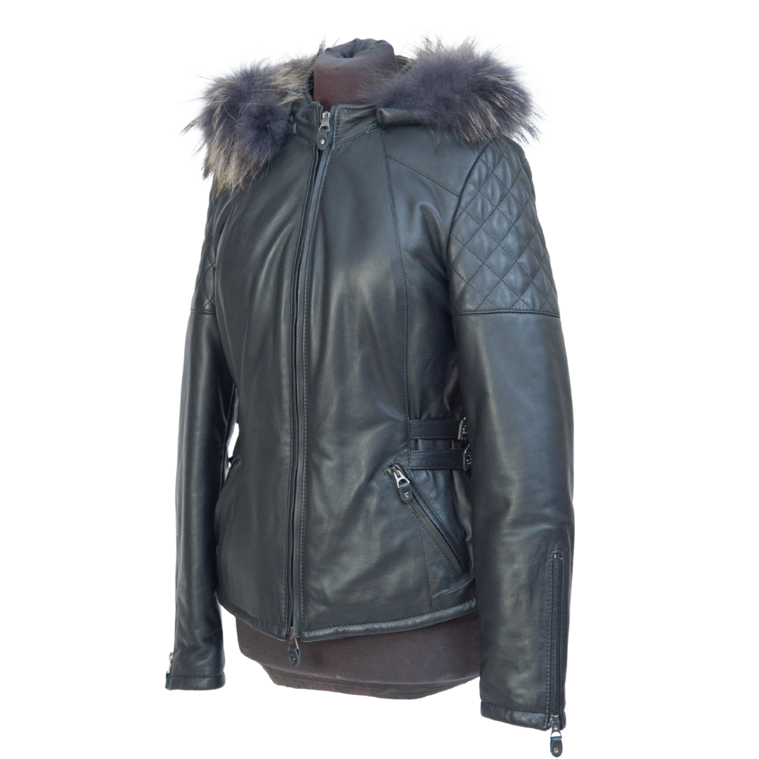 Piumino pelle con cappuccio Nero Donna