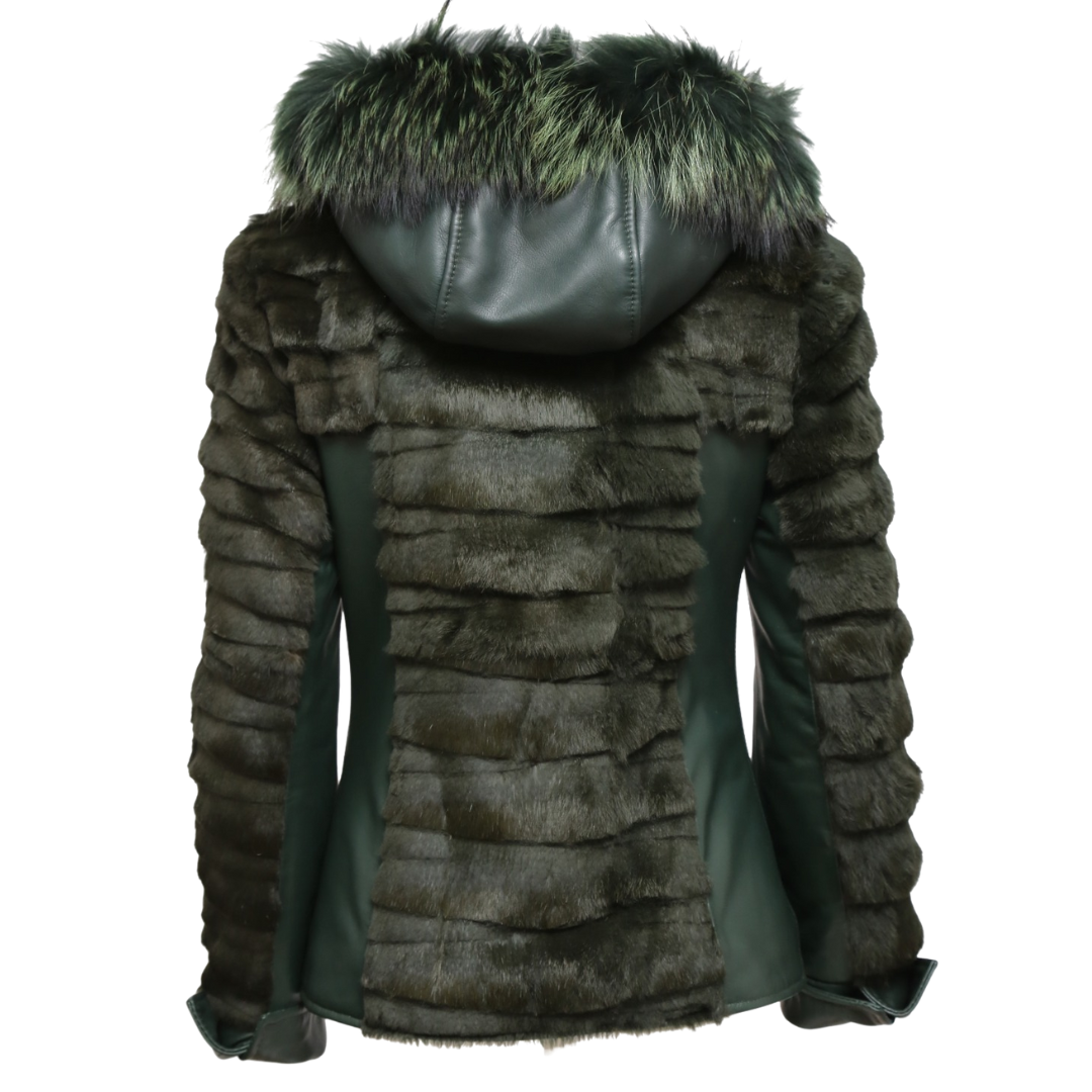 Giubbino in pelle con Lapin e cappuccio Verde Donna